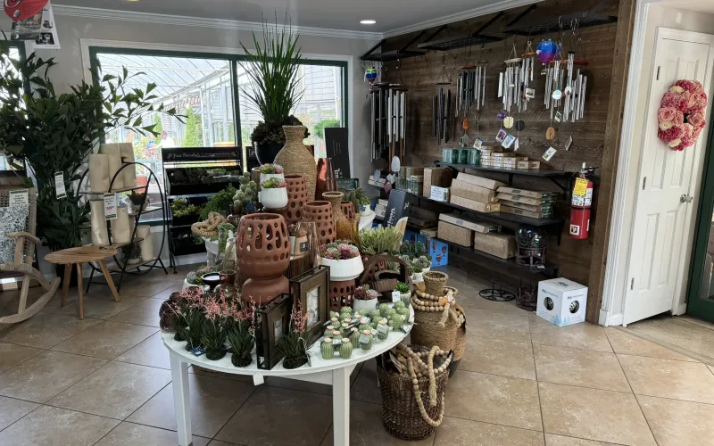 a store with a table and flowers