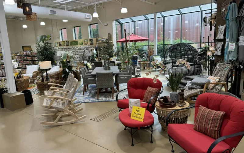 a large room with tables and chairs