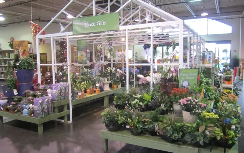 a store filled with furniture and vase of flowers on a table