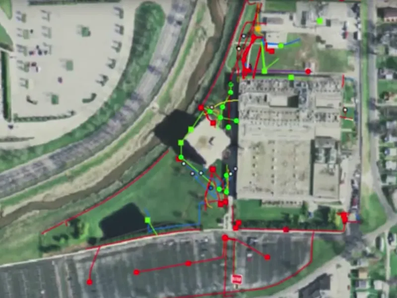 Utility mapping topographic view of building with utility location markers