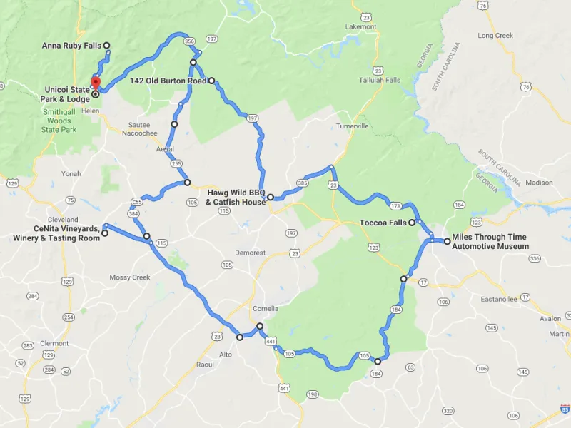Waterfalls, Wineries, Wheels, and Winding Roads Route Map Drives