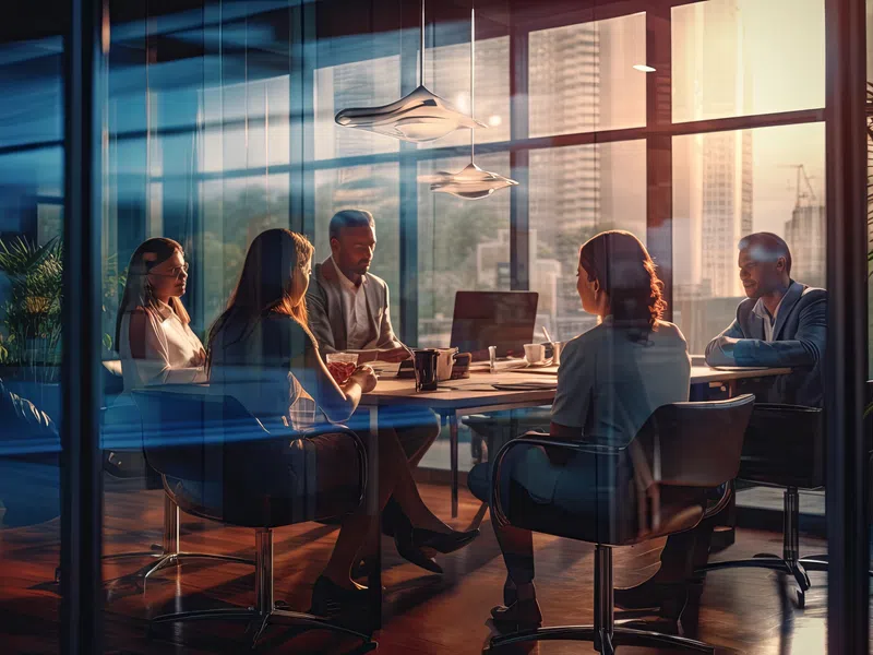 Business professionals in a modern office meeting room having a discussion during sunset with cityscape views.