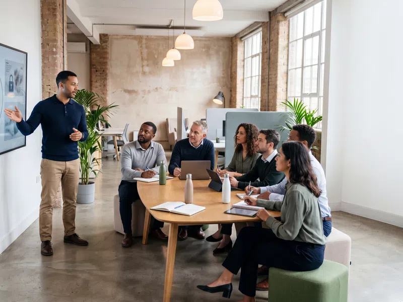 Business team in a modern office watching a presentation on cybersecurity on a wall-mounted screen.