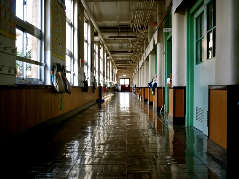 Shiny school hallway with wooden lockers, bags hanging by windows, and bright daylight from large windows.