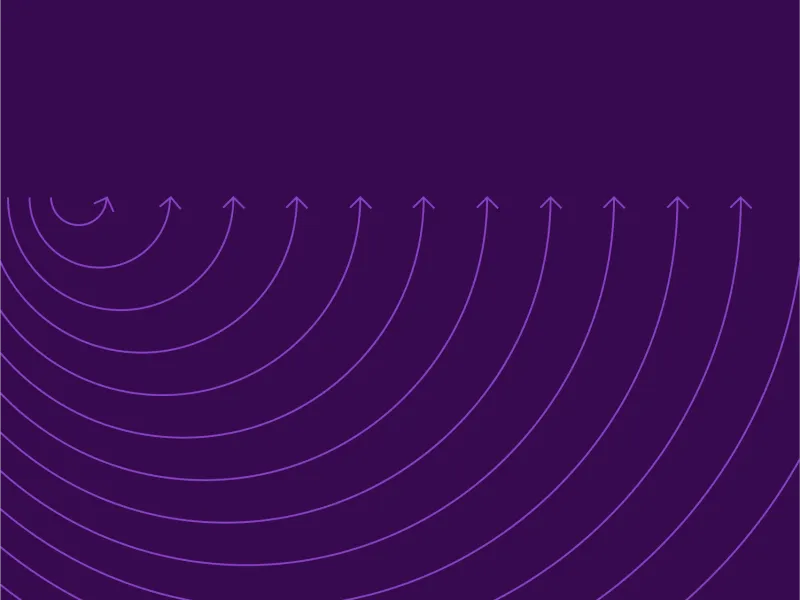 Purple background with concentric curved arrows radiating upward and outward from the top left corner.