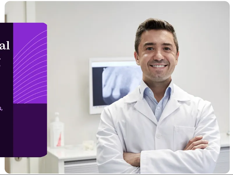 Smiling male dentist in white coat standing with arms crossed beside 2026 dental marketing report graphic.