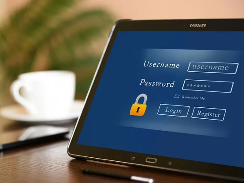 Tablet displaying a login screen with username, password fields, and login/register buttons on a wooden table.