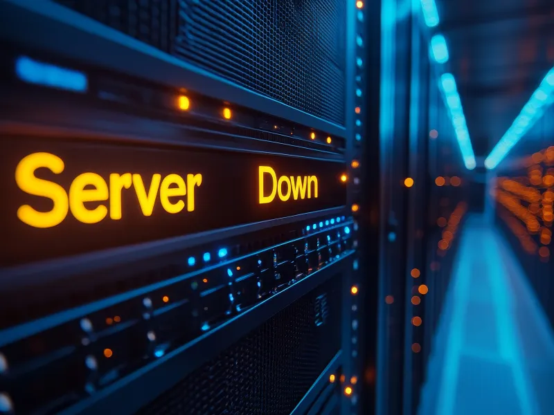 Close-up of server rack with illuminated 'Server Down' warning in a dark data center environment.