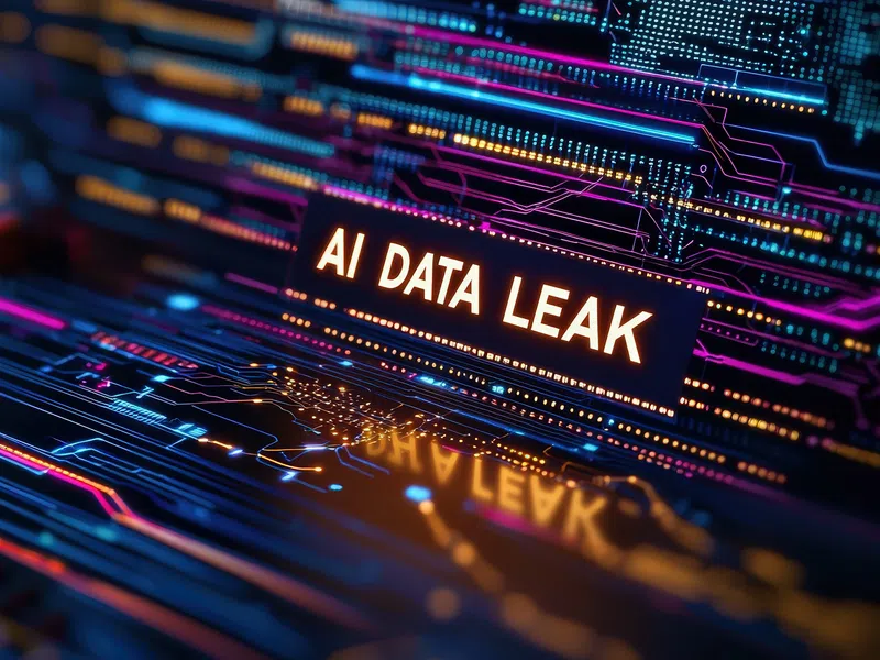 Glowing AI data leak text on a futuristic digital circuit board with neon blue, pink, and orange lines.
