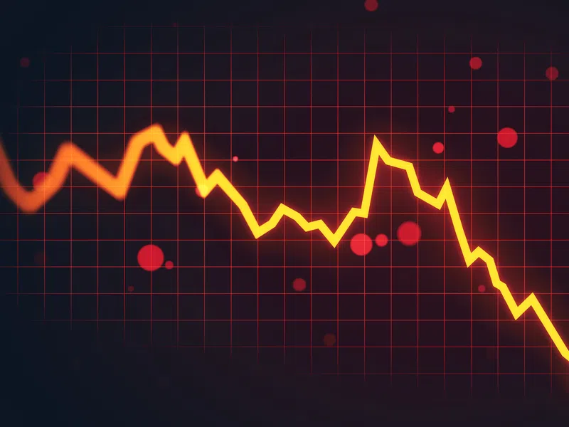 Yellow line graph showing a sharp downward trend on a dark red grid background with red circles.