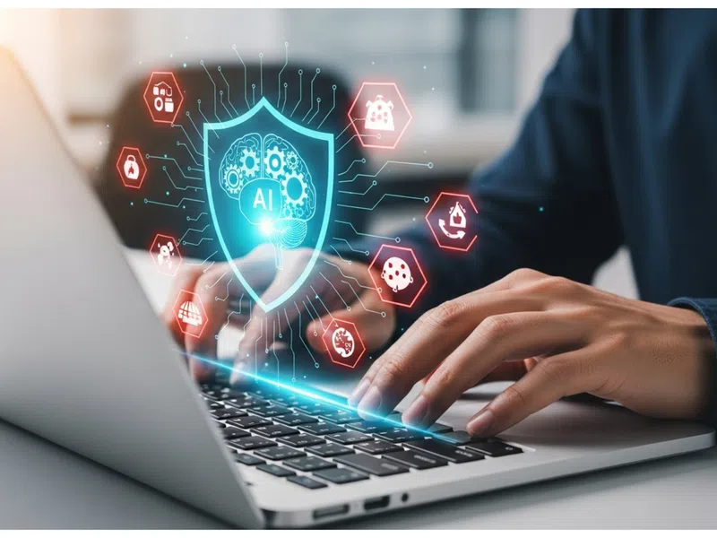 Person typing on laptop with AI and cybersecurity digital shield icons floating above keyboard.
