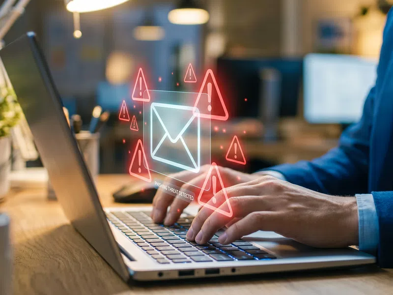 Person typing on laptop with digital email threat warnings and red alert icons floating above keyboard.