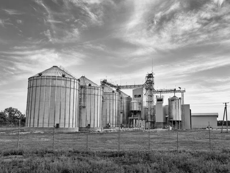 Large metal grain silos in a row under a dramatic cloudy sky on a rural farm landscape.