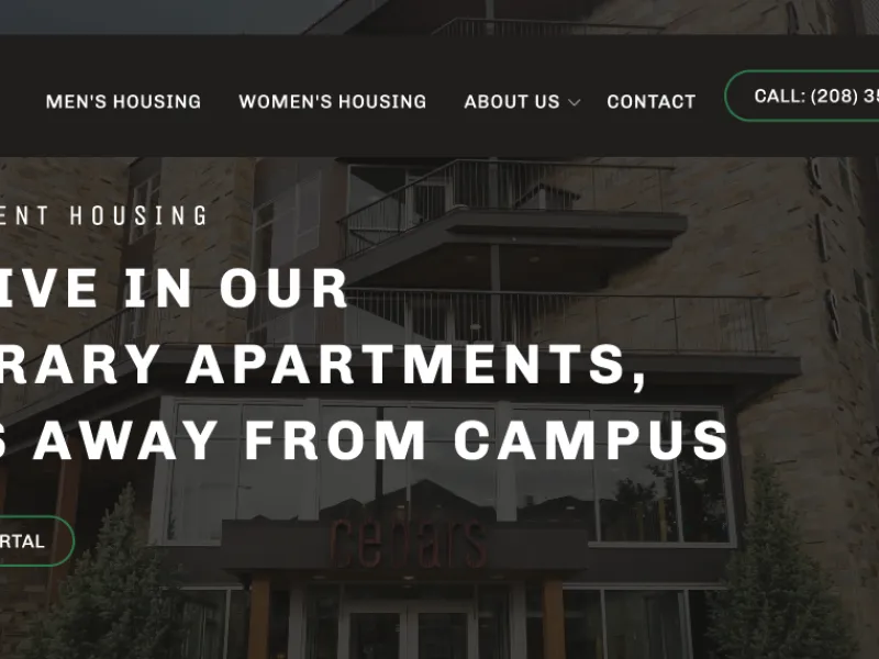 Modern apartment building for student housing near campus with application call to action on screen.