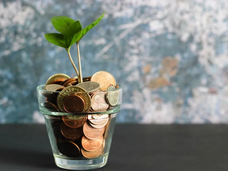 Glass cup filled with coins and a small plant growing, symbolizing financial growth and investment.