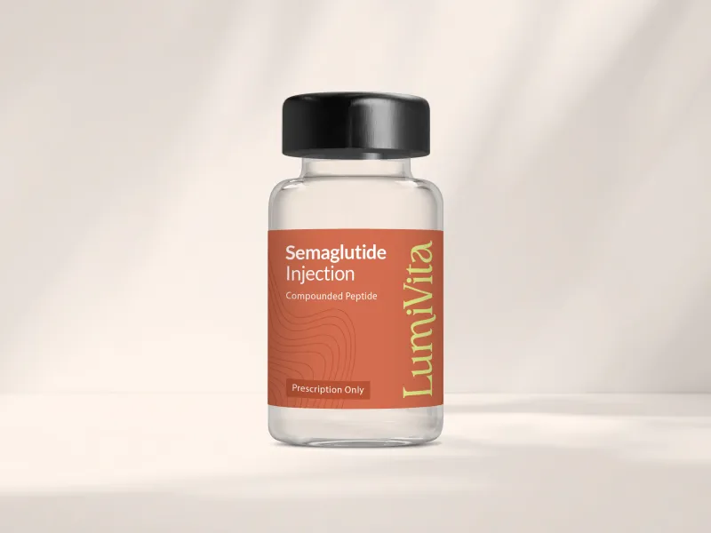 Clear vial of Semaglutide Injection by LumiVita with orange label on neutral background