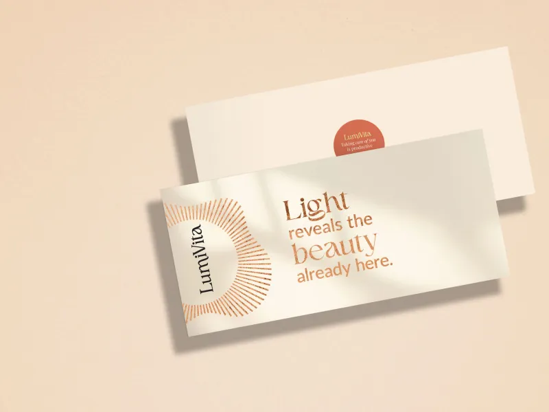 Two elegant beige envelopes with brown text and sunburst design on a light beige background.