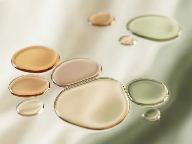 Close-up of translucent oil droplets in various soft pastel colors on a smooth surface.