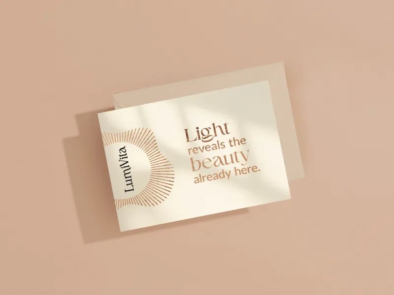 Elegant Lumivita card with light-themed design and message on a beige background.