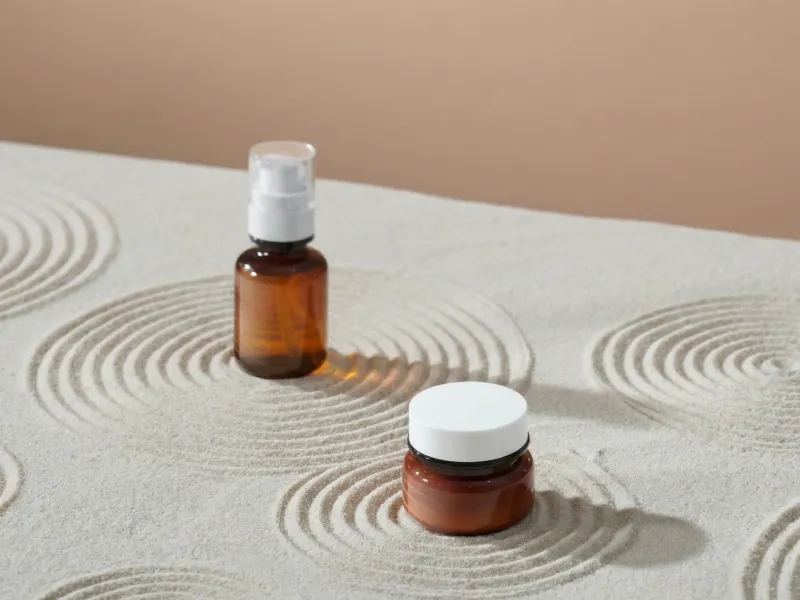 Amber glass cosmetic bottles on textured sand surface with circular patterns and soft beige background.