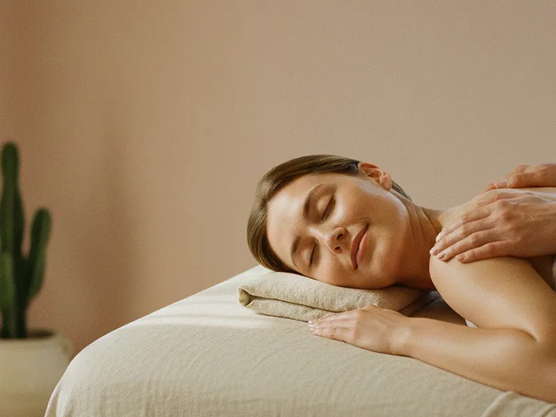 Woman with curly hair enjoying a relaxing back massage in a serene spa environment with warm lighting.