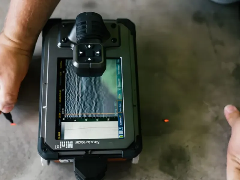 Hand operating a high-tech sonar device on concrete surface showing underwater scanning display.