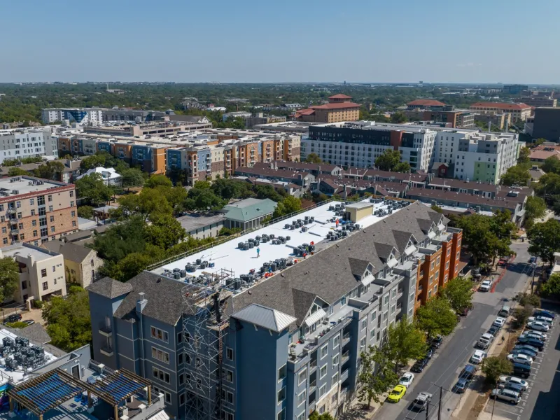 Mattco multi-family roofing replacement The Bloc Austin TX aerial view
