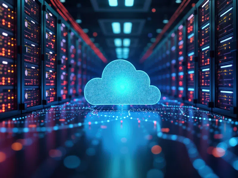 Glowing blue cloud icon between server racks representing cloud computing and data storage network.