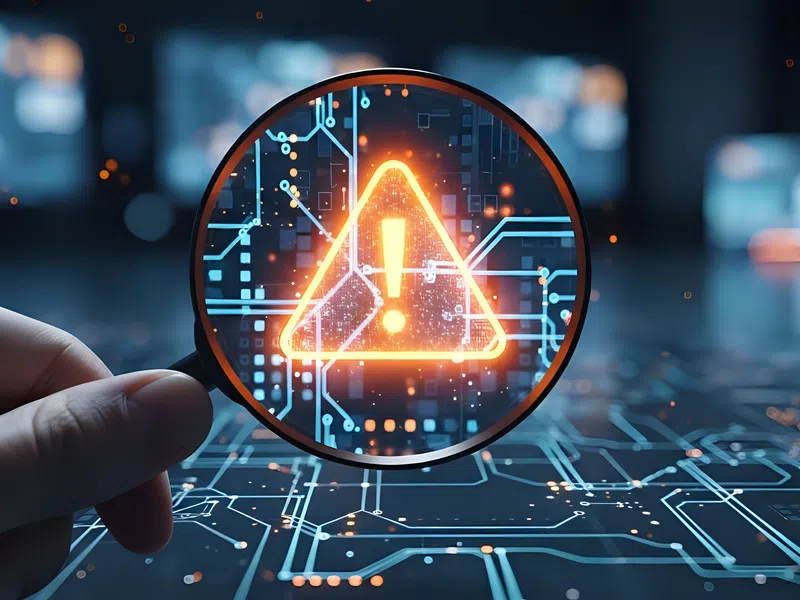 Hand holding magnifying glass over glowing digital warning symbol on circuit board background