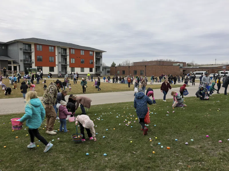 Children and adults participate in an outdoor Easter egg hunt on a cloudy day near apartment buildings.