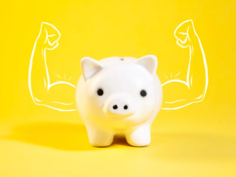 White piggy bank with drawn muscular arms on bright yellow background symbolizing strong savings.