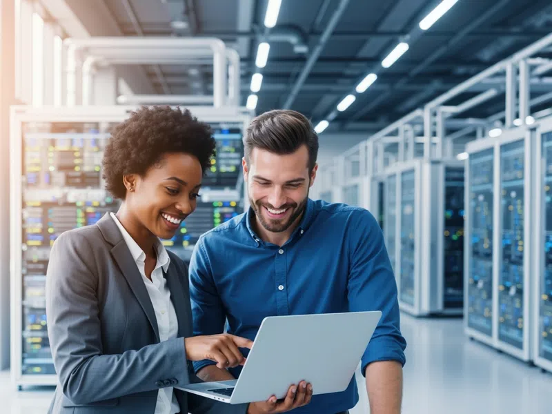 Two IT professionals collaborating with a laptop in a modern server room with racks and bright lighting.