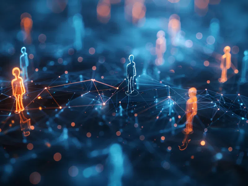 Digital network of glowing human figures connected by points and lines representing virtual communication.