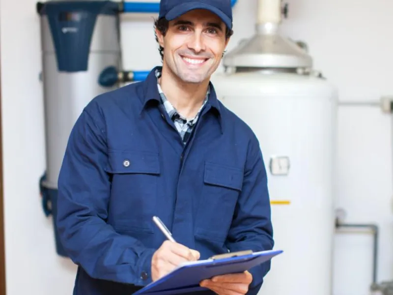 Smiling technician in navy uniform holding clipboard standing near water heater and pipes indoors.