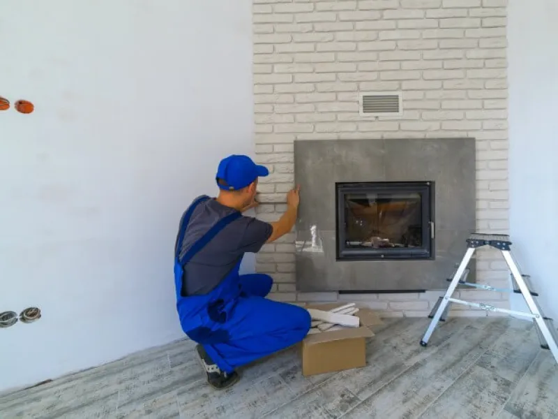 Worker in blue overalls installing or inspecting a modern fireplace with gray surround and white brick wall.