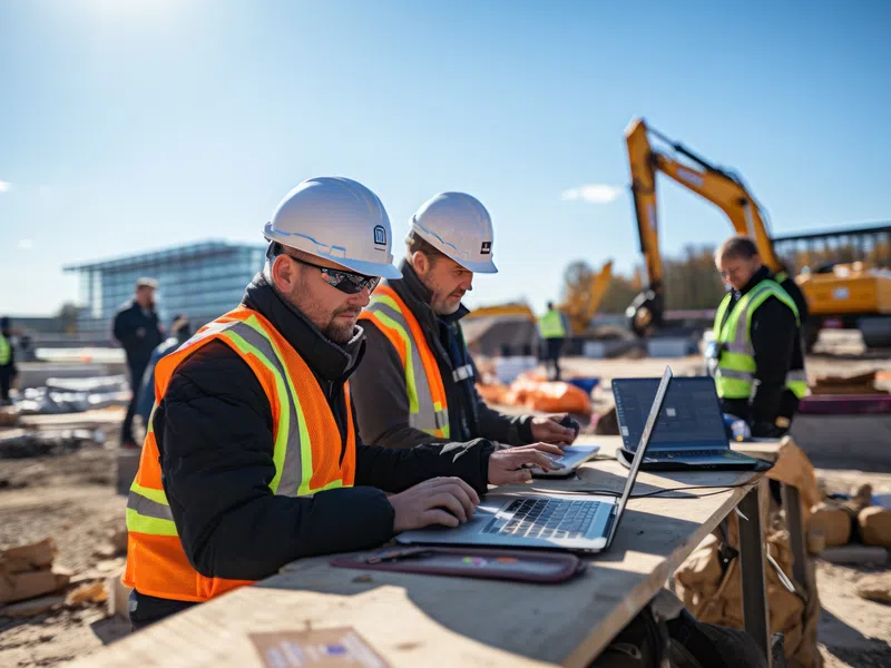Construction workers in safety gear using laptops at a building site with heavy machinery and materials around.