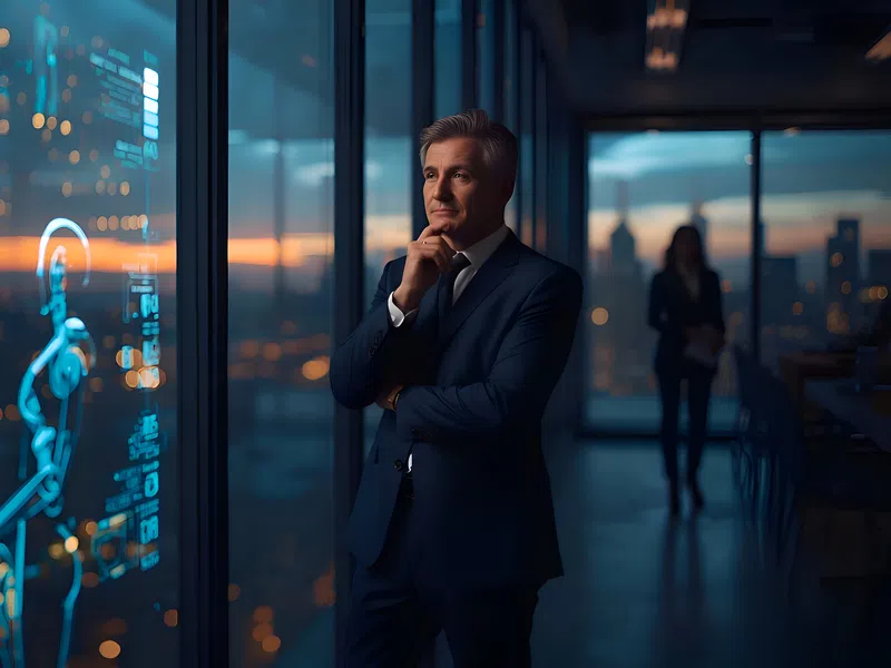 Mature businessman in suit thoughtfully observing digital humanoid hologram inside modern office at dusk.