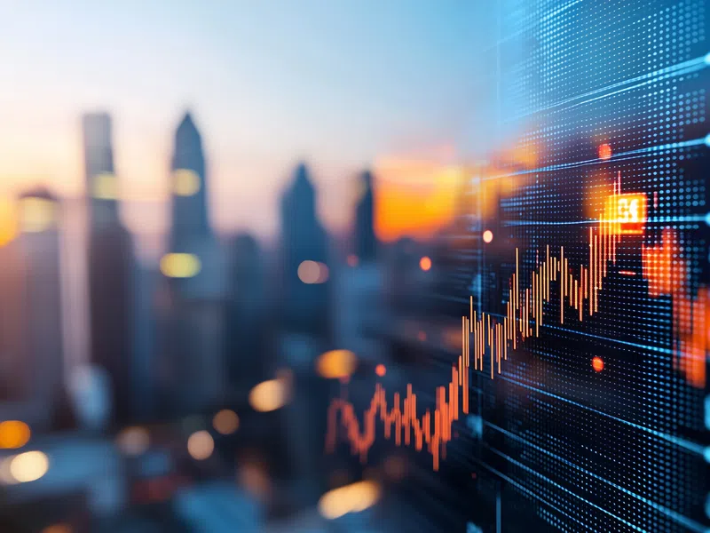 Digital stock market graph displaying rising trend with cityscape background at sunset.