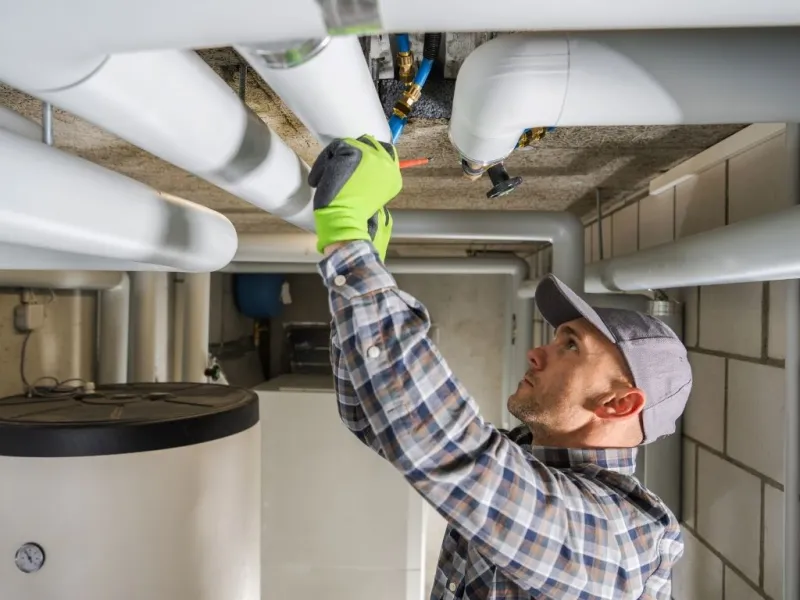 Plumber wearing a cap and gloves working on white pipes and valves in a basement or utility room.