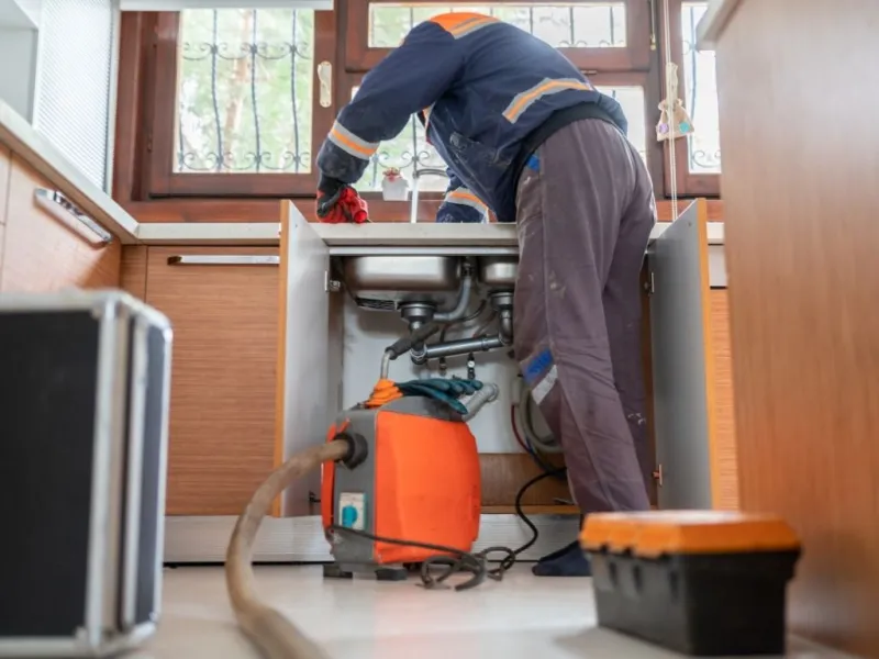 Plumber repairing kitchen sink pipes with tools and vacuum equipment underneath cabinet by window