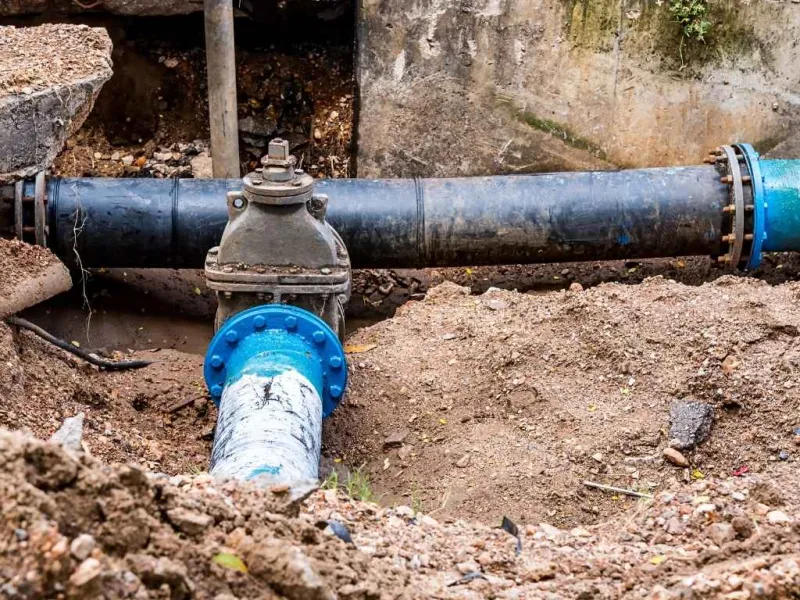 Blue and black underground water pipes with a valve installed in a dirt trench for maintenance.