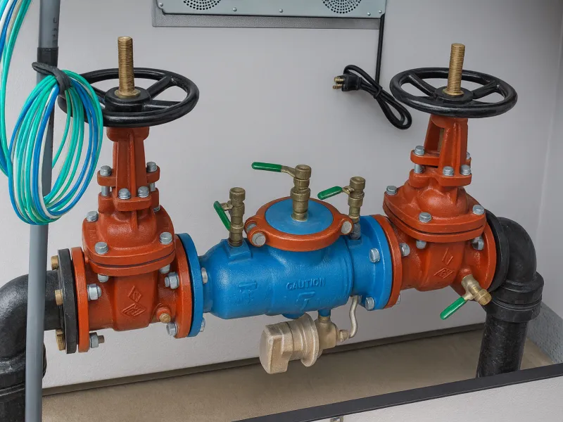 Industrial water pipe assembly with red valves and blue central valve with caution marking inside a utility room.