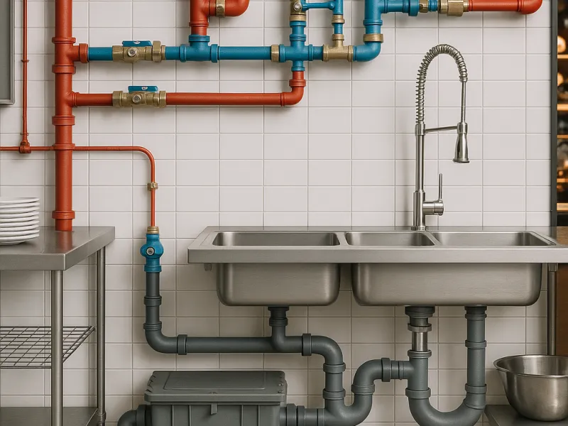 Industrial kitchen sink with colorful red and blue pipes on a white tiled wall and stainless steel countertops.