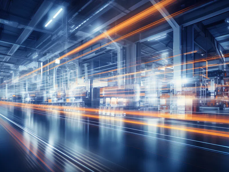 Modern factory with blue tones and orange light trails illustrating high-tech automation and speed.