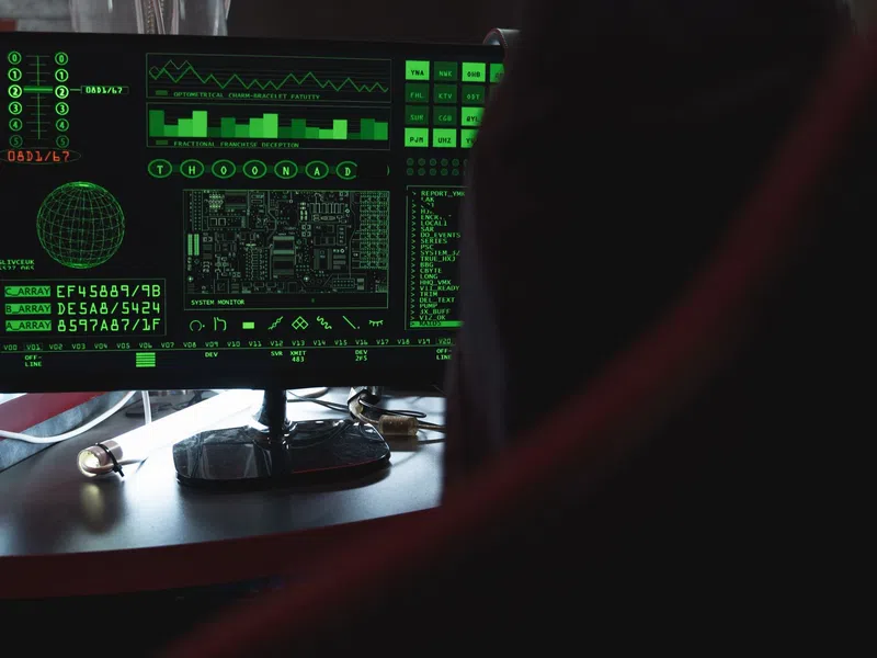 Computer screen displaying green digital data, graphs, and circuit diagrams in a dark room setting.
