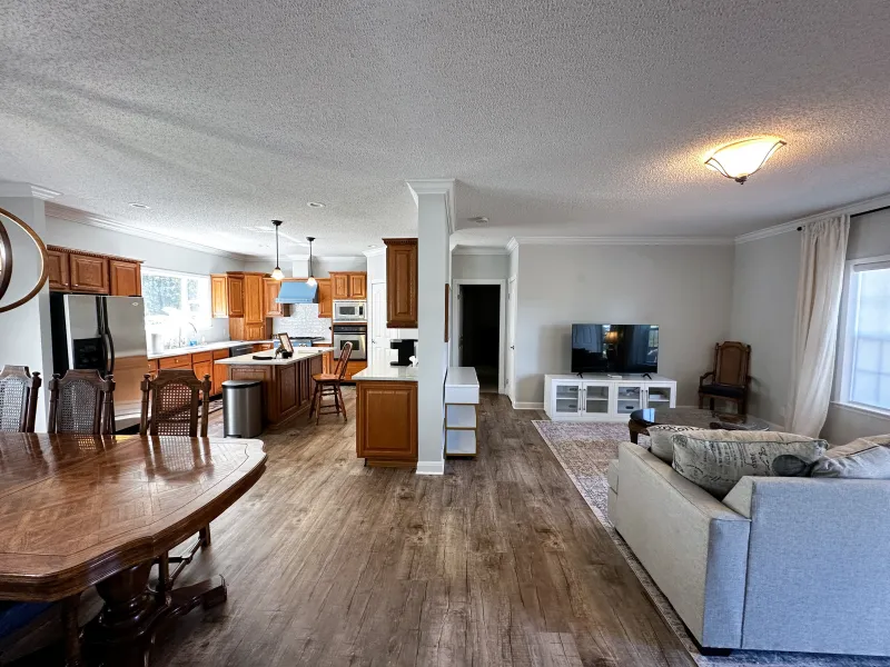 a living room with a fireplace