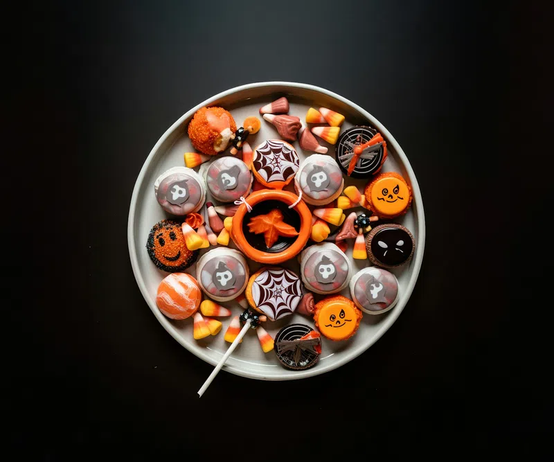Plate of Halloween-themed cookies and candy corn on black background with orange and black decorations