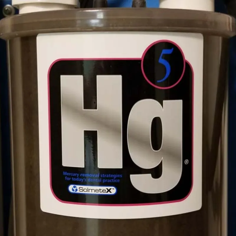 Label on a container showing Hg5 mercury removal product for dental practice by Solmetex