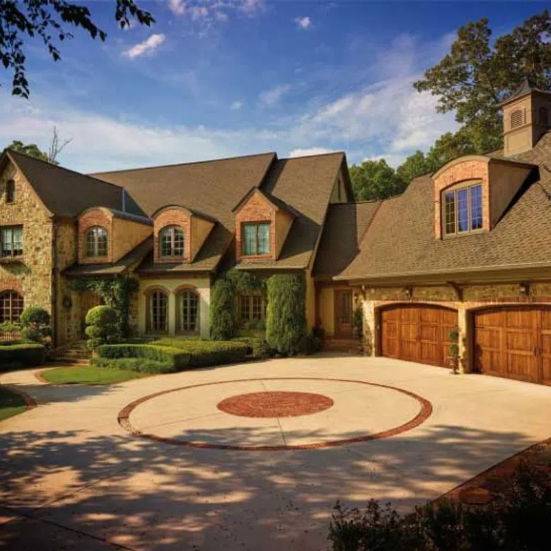 Large stone mansion with wooden garage doors and circular driveway under a blue sky with trees