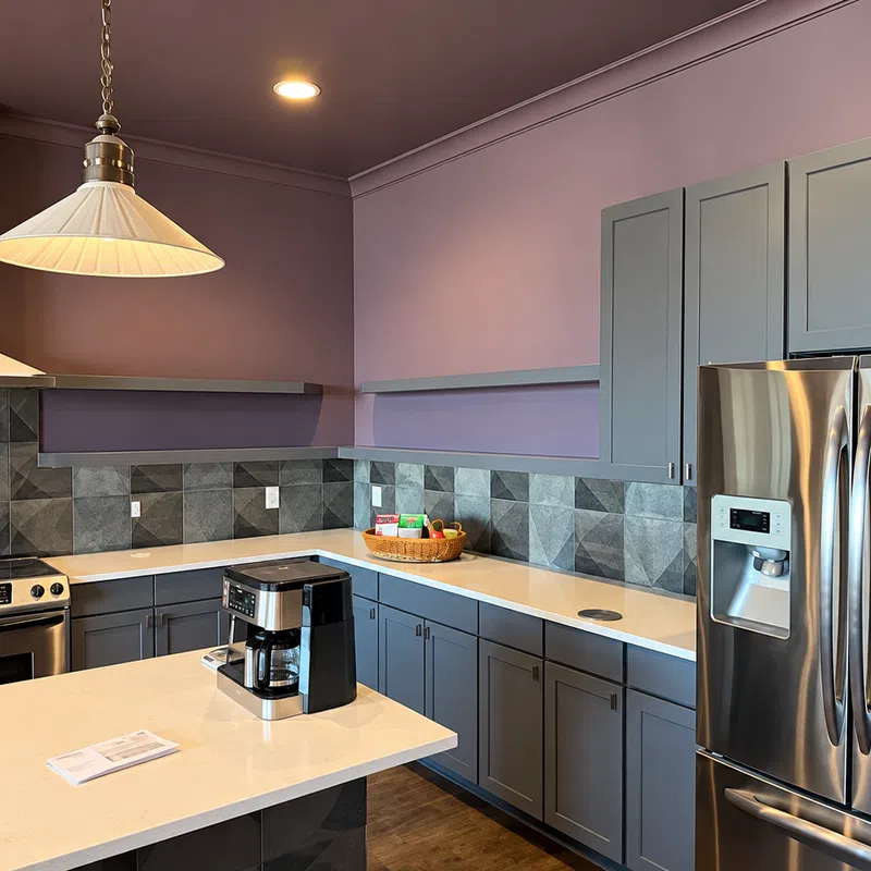 Modern kitchen with purple walls, gray cabinets, stainless steel appliances, and a coffee maker on the island.
